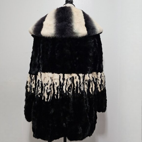 New Real MINK Overcoat Jacket Blazer Lantern Sleeves Hooded Black White Ombre M - Picture 5 of 6